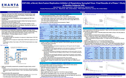 image for EDP-938, a Novel, Non-Fusion Replication Inhibitor of Respiratory Syncytial Virus: Preliminary Results of a Phase 1 Study in Healthy Subjects