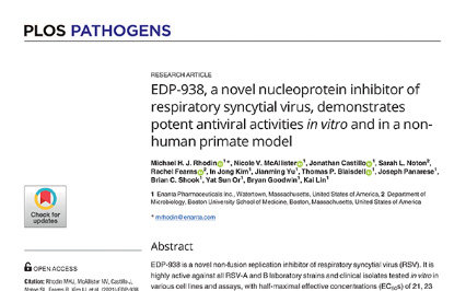 image for EDP-938, a Novel Nucleoprotein Inhibitor of Respiratory Syncytial Virus, Demonstrates Potent Antiviral Activities In Vitro and in a Nonhuman Primate Model