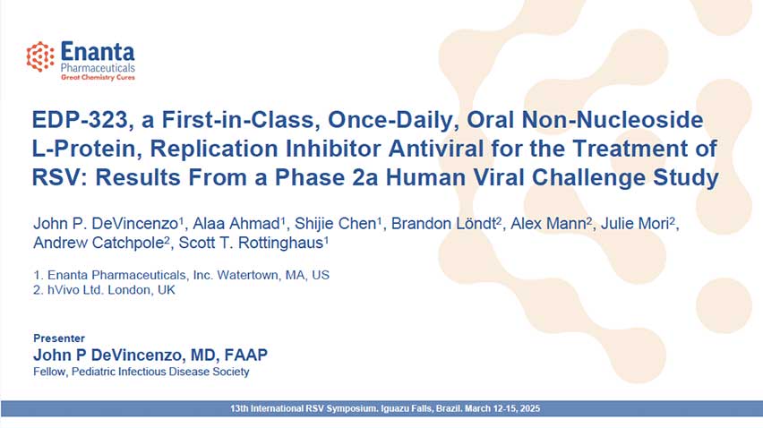 image for EDP-323, a First-in-Class, Once-Daily, Oral Non-nucleoside L-Protein, Replication Inhibitor Antiviral for the Treatment of RSV: Results from a Phase 2a Human Viral Challenge Study