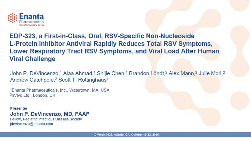 image for EDP-323, a First-in-Class, Oral, RSV-Specific, Non-Nucleoside L-Protein Inhibitor Antiviral Rapidly Reduces Total RSV Symptoms, Lower RespiratoryTract RSV Symptoms and Viral Load After Human Viral Challenge